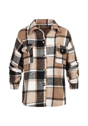 Chemise à carreaux marron, noire et blanche, boutonnée, à manches longues et avec deux poches poitrine avant boutonnées.