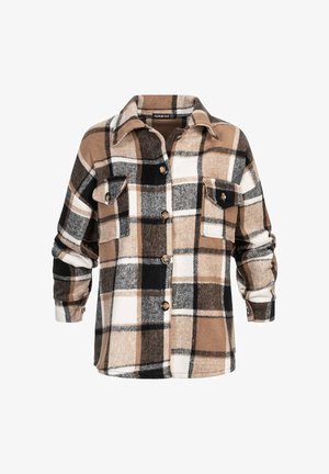 Chemise à carreaux marron, noire et blanche, boutonnée, à manches longues et avec deux poches poitrine avant boutonnées.