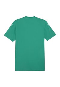 Groen T-shirt met korte mouwen van synthetisch materiaal, met een ronde hals en kleine witte logo-accenten op de schouders.