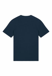 T-shirt en coton bleu marine avec des manches courtes, un col rond et un dos uni. Texture douce, sans motifs ni accents.