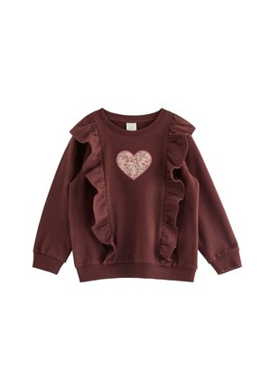 Langärmeliges, kastanienbraunes Kleinkind-Sweatshirt mit Rüschen an den vorderen Seiten und einem floralen Herz-Aufnäher in der Mitte.