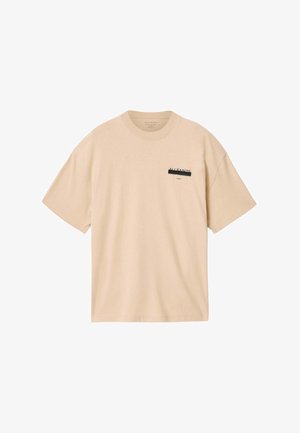Beige short-sleeve T-shirt with round neck and small black "ALLSAINTS" logo on the left chest.