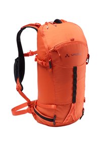 Oranje wandelrugzak, met een slank ontwerp, meshen schouderbanden, een voorkant met ritsvak en verstelbare zijbanden voor opslag.