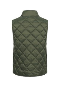 Veste sans manches matelassée vert olive avec motif de coutures en losange et col montant, vue de dos sur fond blanc.