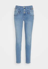 Jeans skinny de color azul claro hechos de denim. Diseño de cintura alta con tres botones y cuatro bolsillos. Desgaste sutil en las piernas.