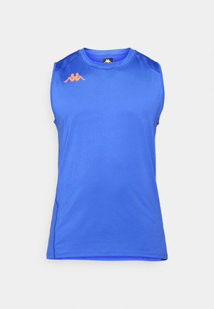 Sleeveless blue athletic shirt featuring a small orange logo of two seated back-to-back figures on the upper left chest.