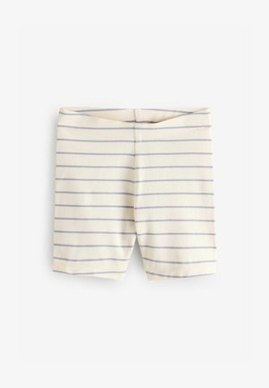 Dryžuoti šortai, pagaminti iš minkštos medžiagos; pagrindinė spalva kreminė su šviesiai mėlynomis horizontaliosiomis juostomis; paprastas dizainas; lygus paviršius; nematomi priedai.