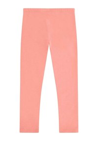 Leggings rosa elastici con vita elasticizzata, texture liscia e design a tutta lunghezza, adatti per un look casual o per attività fisica.