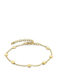 Goldarmband mit einer zarten Kette und gleichmäßig verteilten runden Anhängern. Verstellbarer Verschluss mit einer Kettenverlängerung für variierbare Größen.