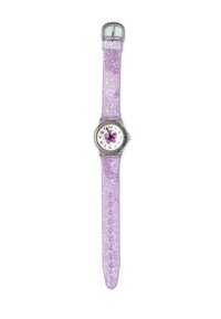 Bracelet de montre en silicone pailleté violet avec un boîtier rond argenté, un cadran blanc et un motif de papillon violet sur le cadran.