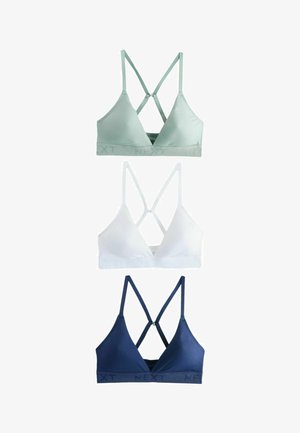 Trīs krūšturi attēloti gaiši zaļā, baltā un tumši zilā krāsā. Katram ir ribots tekstūras dizains un regulējamas krusteniskas aizmugures lencītes ar logotipu joslā.