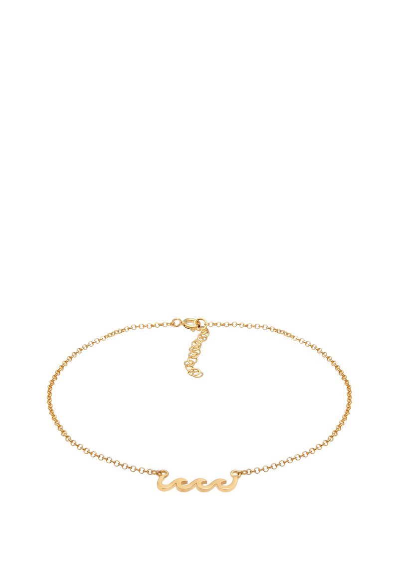 Pulsera de cadena de oro delicada con un pequeño adorno central en forma de ola y cierre ajustable sobre un fondo blanco.