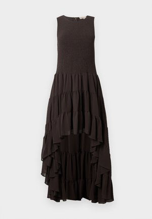 Sleeveless black high-low dress with smocked bodice and tiered ruffle skirt.