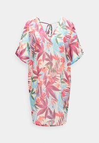 Χαλαρό φόρεμα μέχρι το γόνατο με κοντά μανίκια, V-λαιμόκοψη, δετό στο πίσω μέρος, με πολύχρωμο λουλουδάτο και φυλλώδες μοτίβο σε αποχρώσεις ροζ, μπλε, πράσινο και κόκκινο.