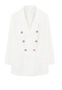 Witte dubbelgeknoopte blazer met een reverskraag, zilverkleurige knopen, twee voorzakken en lange mouwen in een gladde stof.