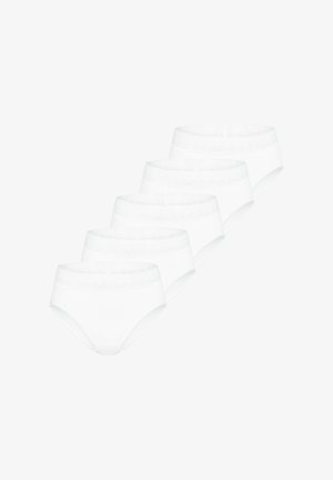 Five white women's cotton briefs with lace waistbands, stacked diagonally on a white background.