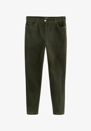 Pantaloni slim-fit in corduroy verde scuro, con tasche frontali e posteriori, passanti per cintura e chiusura frontale con bottone e zip.