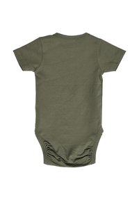 Kurzärmliger, olivgrüner Bodysuit aus weichem Material mit Rundhalsausschnitt und gerafftem Detail am unteren Ende.