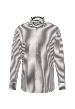 Lange mouw knoopsluiting shirt met verticale zwart-witte strepen, standaard kraag en gestreepte manchetten op een witte achtergrond.