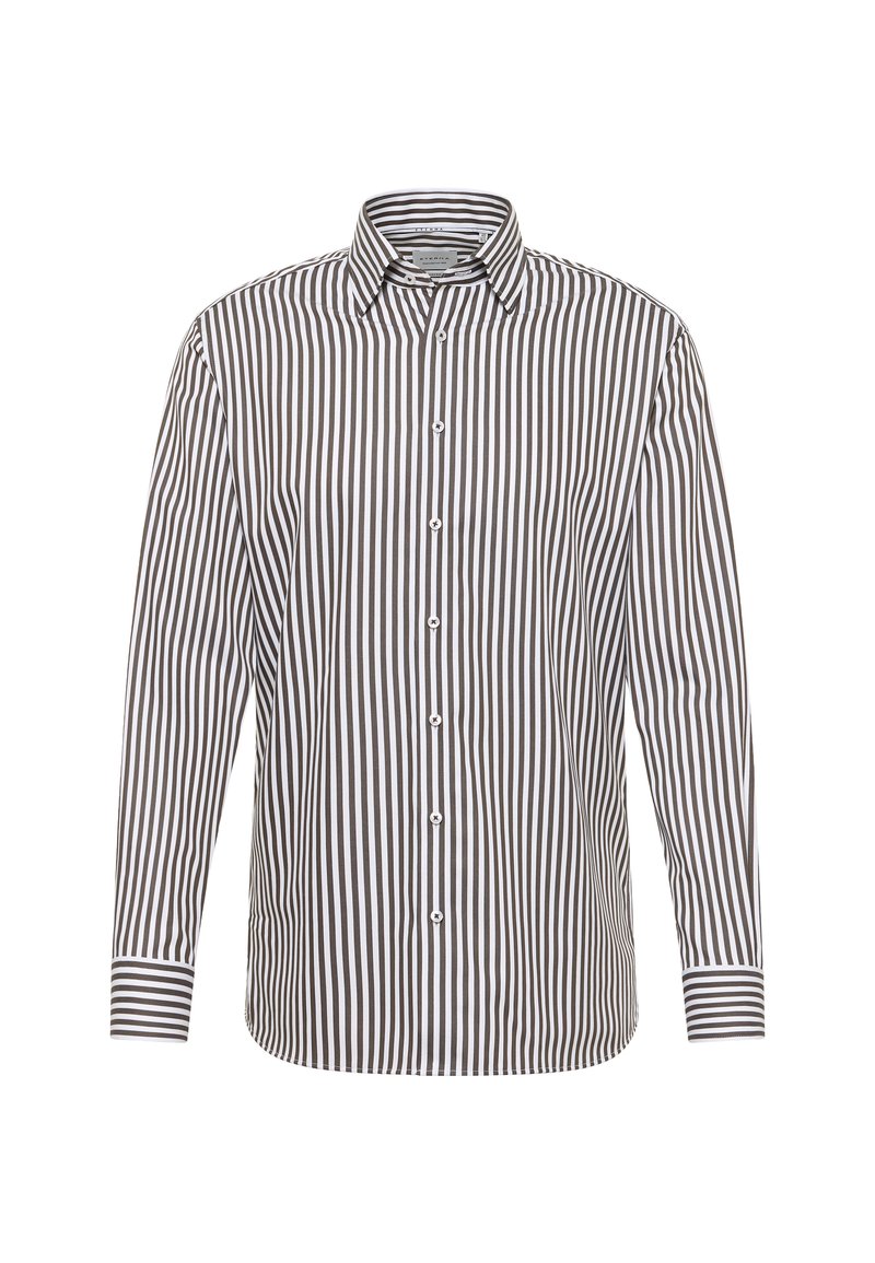Lange mouw knoopsluiting shirt met verticale zwart-witte strepen, standaard kraag en gestreepte manchetten op een witte achtergrond.