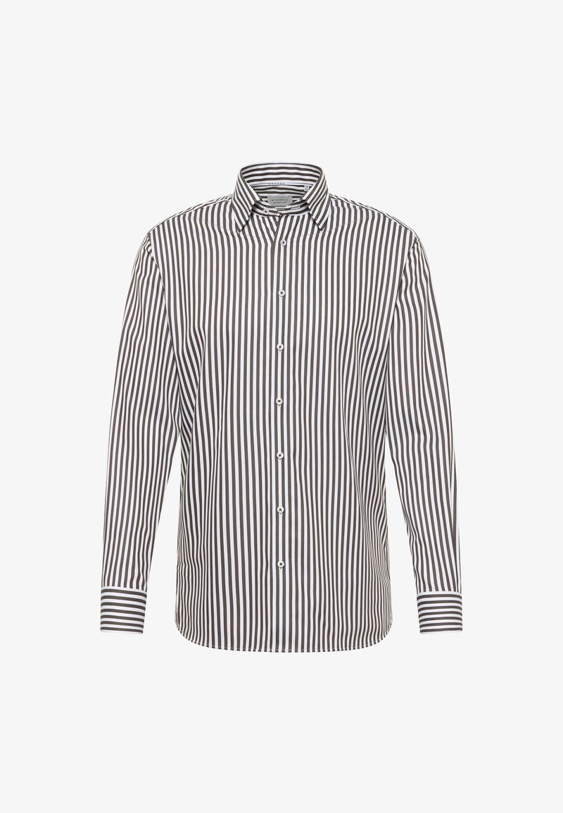Lange mouw knoopsluiting shirt met verticale zwart-witte strepen, standaard kraag en gestreepte manchetten op een witte achtergrond.