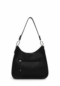 Schwarze Lederhandtasche mit strukturiertem Finish, geschwungener Form, einem Schulterriemen und einer mit Reißverschluss versehenen Fronttasche. Akzente aus silbernem Metall.