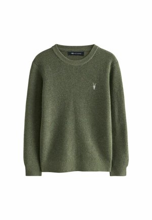 Pull en maille verte avec un col rond, des poignets et un ourlet côtelés. Présente un petit logo blanc sur la poitrine. Tissu texturé de poids moyen.