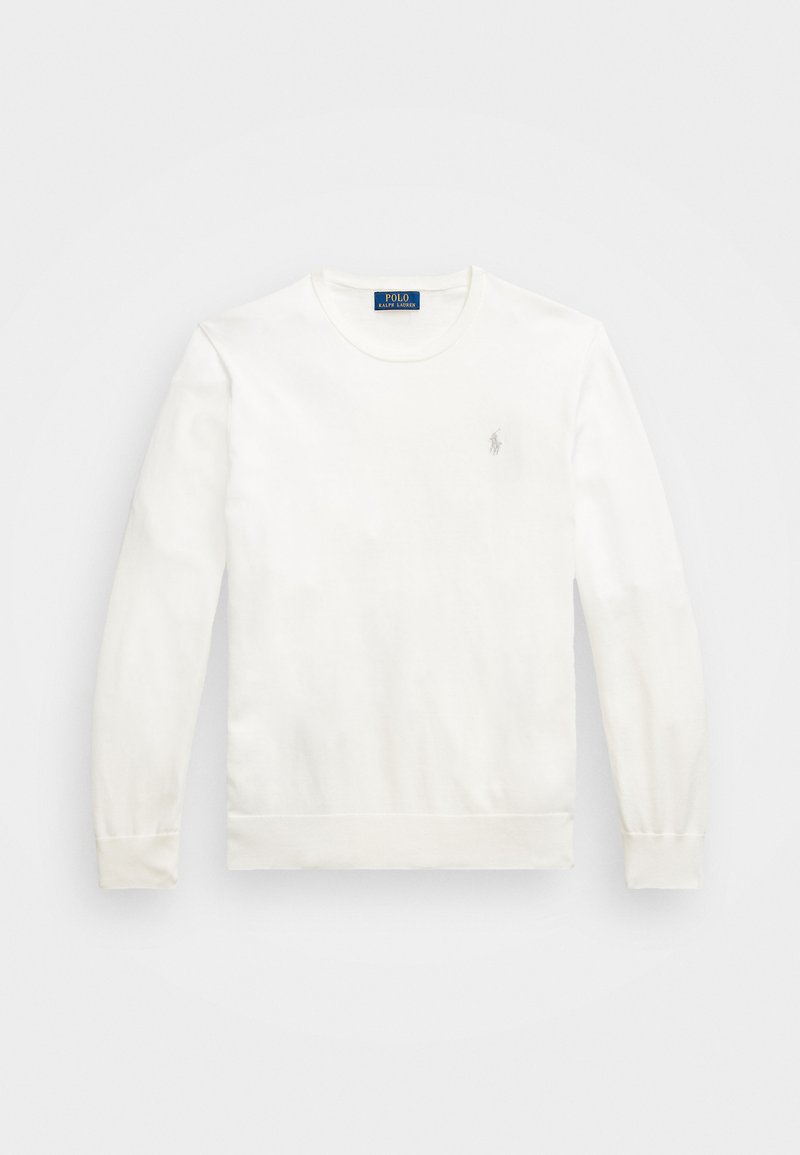 Sudadera blanca de manga larga con cuello redondo, puños y dobladillo acanalados, fabricada en una tela suave, que presenta un pequeño logo bordado en el lado izquierdo del pecho.