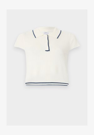 Rövid ujjú fehér kötött polo ing, tengerészkék szegéllyel a galléron, gombsoron és szegélyen, bordázott textúrával.