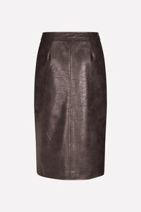 Brown leather pencil skirt with a smooth texture, knee-length design, and fitted silhouette, featuring a waistband and subtle stitching details.