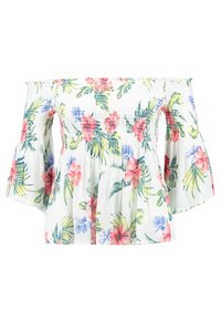 Bílý květinový top s odhalenými rameny, zdobený živými růžovými a modrými květy, lístkovými vzory a skladanými krátkými rukávy pro uvolněný střih.