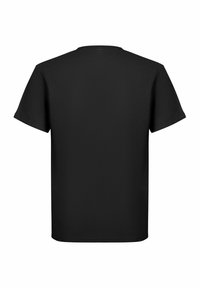 Czarny bawełniany t-shirt z krótkim rękawem. Posiada okrągły dekolt, prosty dół oraz gładką fakturę bez widocznych grafik czy wzorów.