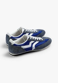 Zapatillas deportivas en ante azul y gris, con acentos en zigzag blancos, diseño de cordones y suela de goma en blanco y negro.