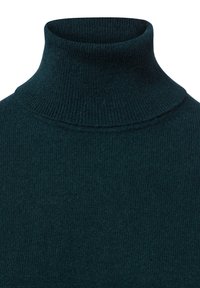 Grüner gerippter Rollkragenpullover, weiche Textur, figurbetonte Form, mit hohem Kragen und nahtlosem Design mit minimalistischen Details.