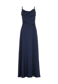 Abito da sera in satin blu navy con scollo drappeggiato, spalline sottili e gonna lunga fino al pavimento con uno spacco laterale e una texture liscia.