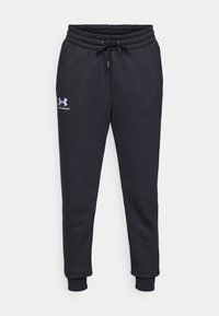 Čierne tepláky z mäkkého materiálu, s elastickým pásom na šnúrku, zužujúcimi sa nohami a malým bielym logom na ľavom boku.
