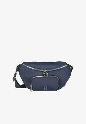 Sac banane en nylon bleu marine avec deux compartiments zippés, quincaillerie en argent, sangle réglable et détail en lettres embossées à l'avant.