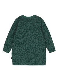 Zielona bluza z długim rękawem, ozdobiona czarnym wzorem w panterkę, z okrągłym dekoltem. Miękka tkanina i luźny krój.