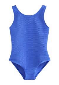 Maillot de bain une pièce bleu en tissu texturé avec un motif en zigzag. Présente un dos nageur classique et une coupe basse au niveau des jambes.