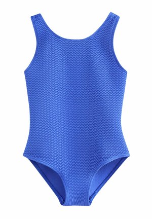 Maillot de bain une pièce bleu en tissu texturé avec un motif en zigzag. Présente un dos nageur classique et une coupe basse au niveau des jambes.