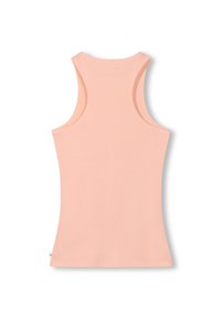 Perzikkleurig tanktop met een geribde textuur, mouwloos ontwerp, brede schouderbanden en een ronde halslijn, gemaakt van zachte, rekbare stof.