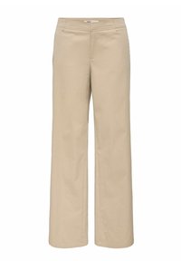 Pantalon large beige en tissu mélangé coton, doté d'une ceinture standard, de poches avant et d'une texture lisse.