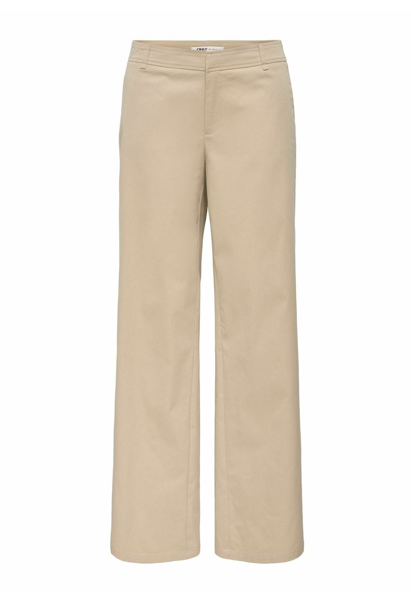 Pantalon large beige en tissu mélangé coton, doté d'une ceinture standard, de poches avant et d'une texture lisse.