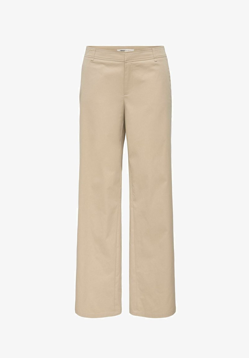 Pantalon large beige en tissu mélangé coton, doté d'une ceinture standard, de poches avant et d'une texture lisse.