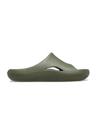 Olivgrüne Slippersandale mit geschlossenem Zeh, seitlichen Belüftungsöffnungen, strukturiertem Sohlenprofil und eingeprägtem "Crocs"-Logo auf der Oberseite.