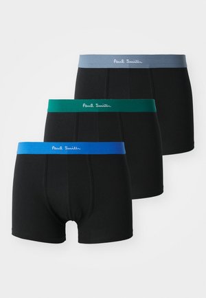 Boxer shorts noirs avec des ceintures élastiques contrastantes en bleu, vert et gris, portant le logo "Paul Smith" en blanc.