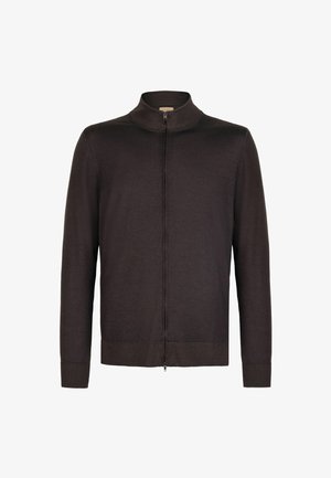 Ciemnobrązowy kardigan na zamek z wysokim kołnierzem, lekki materiał dzianinowy, długie rękawy i gładka faktura. Szczegół zamka z przodu.