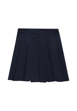 Granatowa plisowana mini spódnica z szerokim paskiem w talii, wykonana z usztywnionej tkaniny, z równomiernie rozmieszczonymi pionowymi plisami.