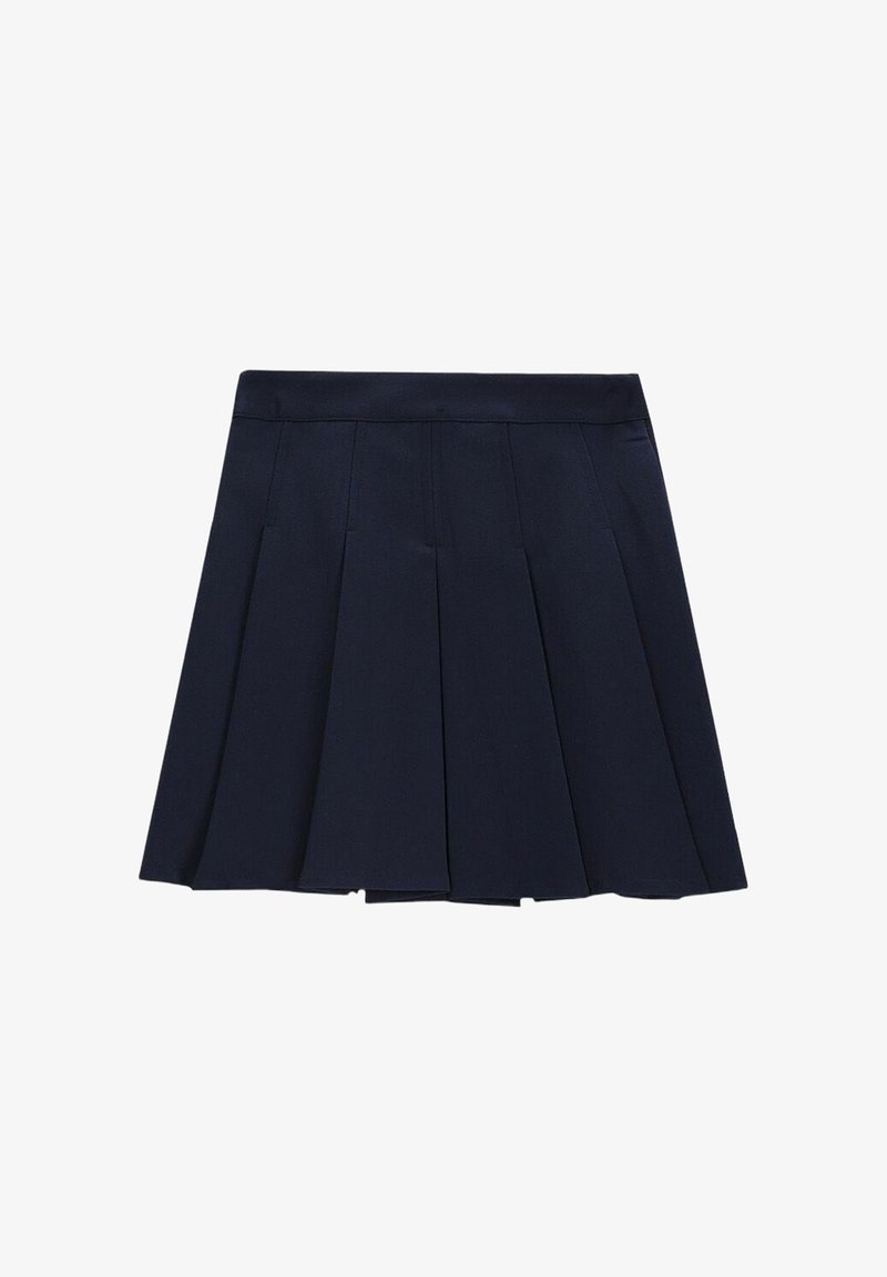 Granatowa plisowana mini spódnica z szerokim paskiem w talii, wykonana z usztywnionej tkaniny, z równomiernie rozmieszczonymi pionowymi plisami.