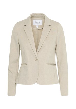 Beige taillierter Damenblazer mit Reverskragen, einreihiger Knopfleiste und zwei vorderen Paspeltaschen, Größe 36 von b.young.